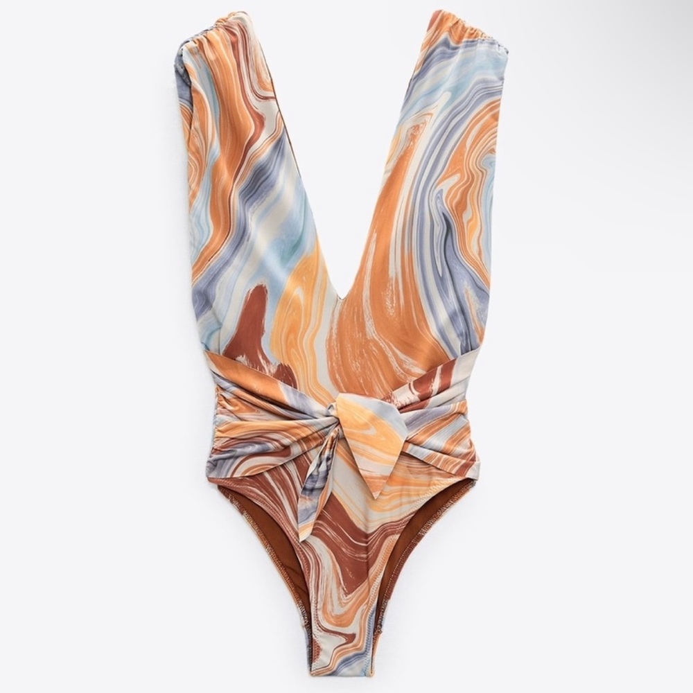 Zara Marble-Print One-Piece Swimsuit in Brown, Blue & Cream - Picture 2 of 10